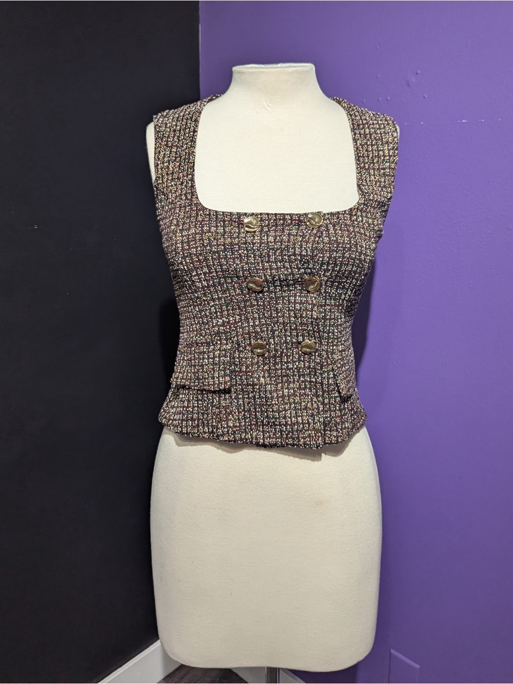 Textured Tweed Double-Breasted Vest - Multi Color